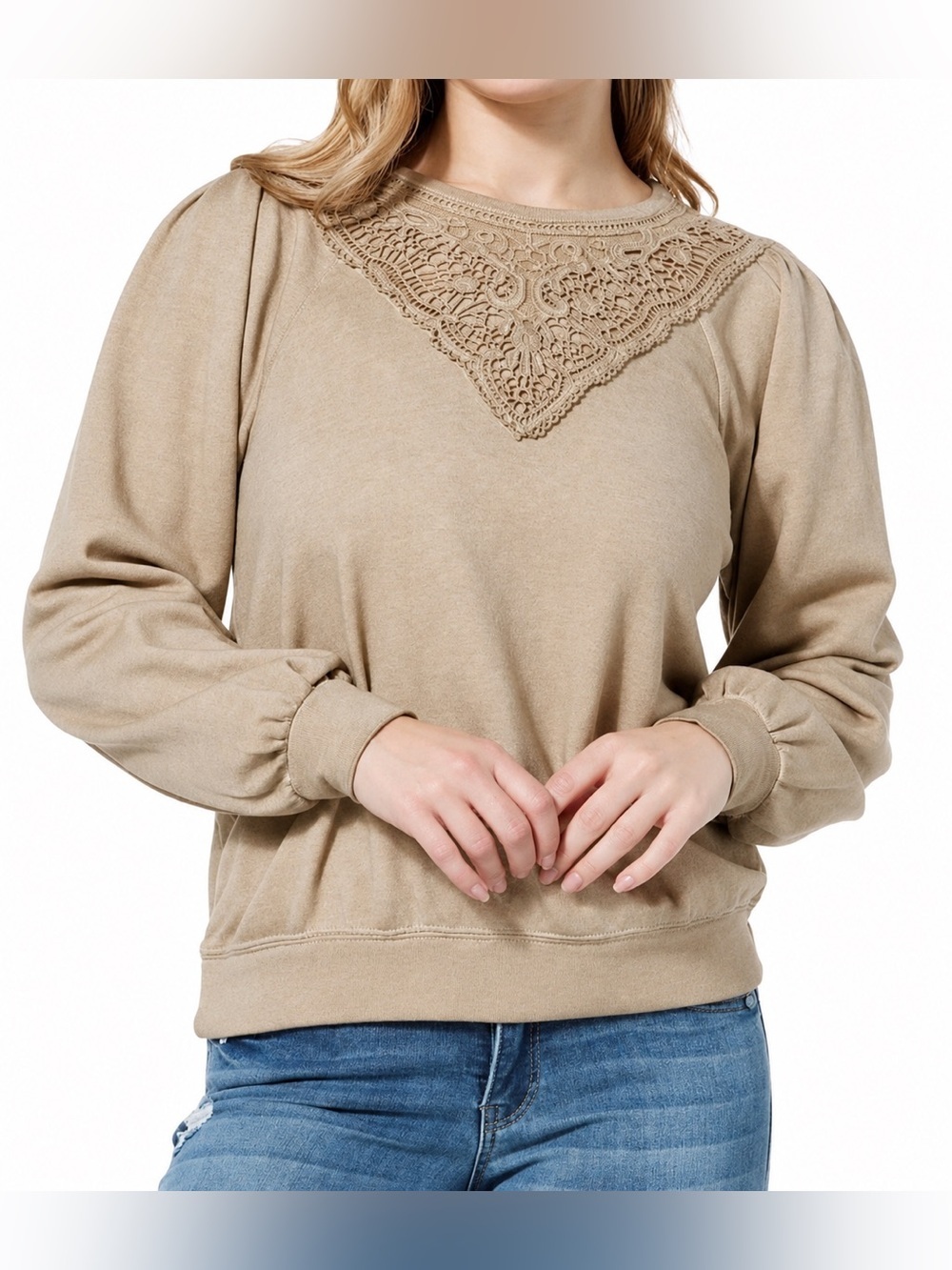 Democracy NWT tan lace detail sweatshirt, PM